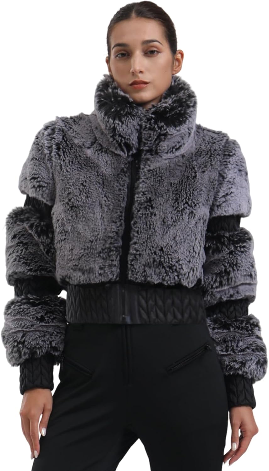 Women Ski Jacket Faux Fur Snowboard Coat Snow Cropped Jacket Winter Outdoor