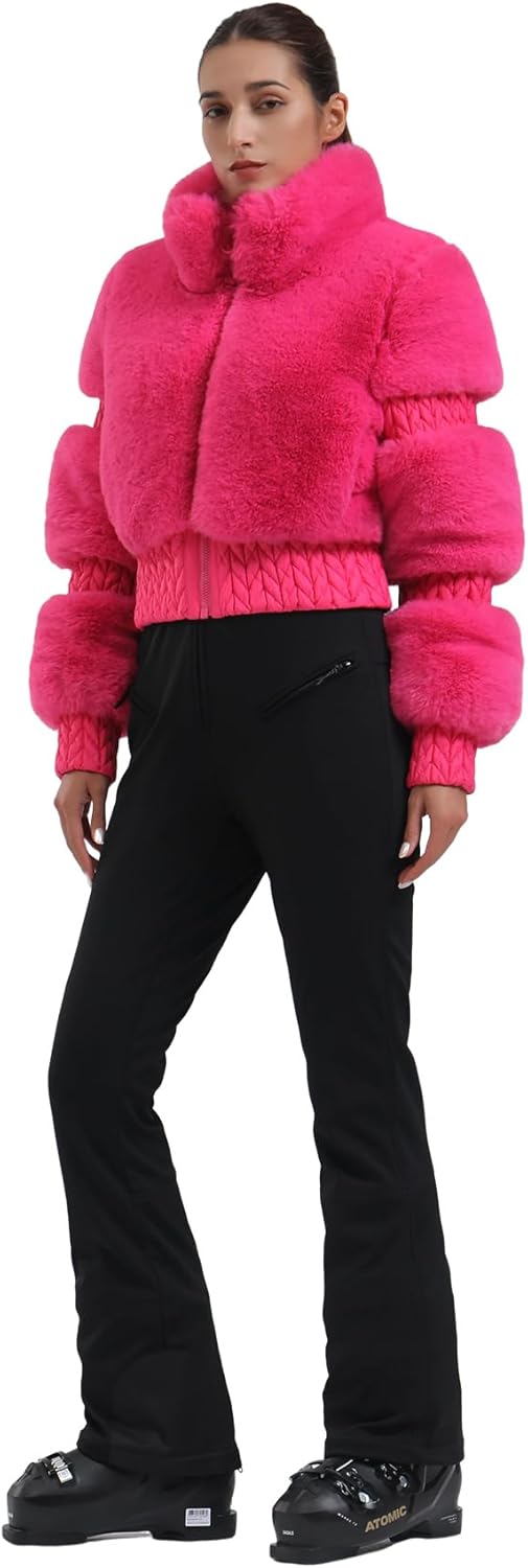 Women Ski Jacket Faux Fur Snowboard Coat Snow Cropped Jacket Winter Outdoor