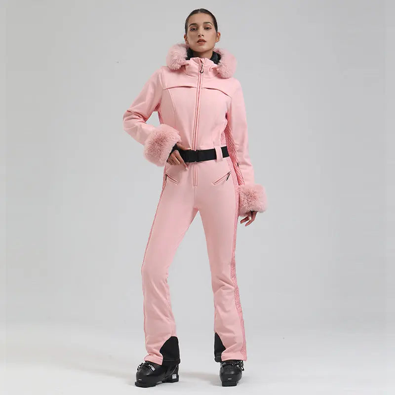 Slim Fit One Piece Ski Jumpsuit with Faux Fur Hood Chic Style