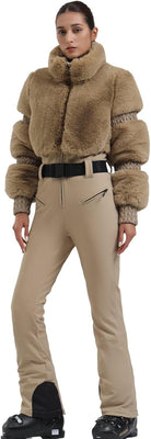 Women Ski Suit One Piece Snowsuit Snowboard Faux Fur Collar Slim Jumpsuit