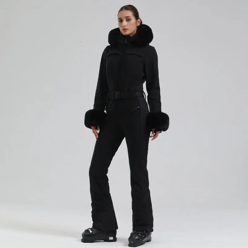 Slim Fit One Piece Ski Jumpsuit with Faux Fur Hood Chic Style