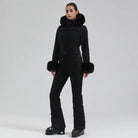 Chic Slim Fit One Piece Ski Jumpsuit with Faux Fur Hood