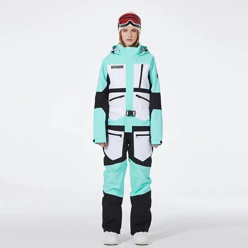 Women One Piece Ski Suit Patchwork Snowwear for Winter Sports