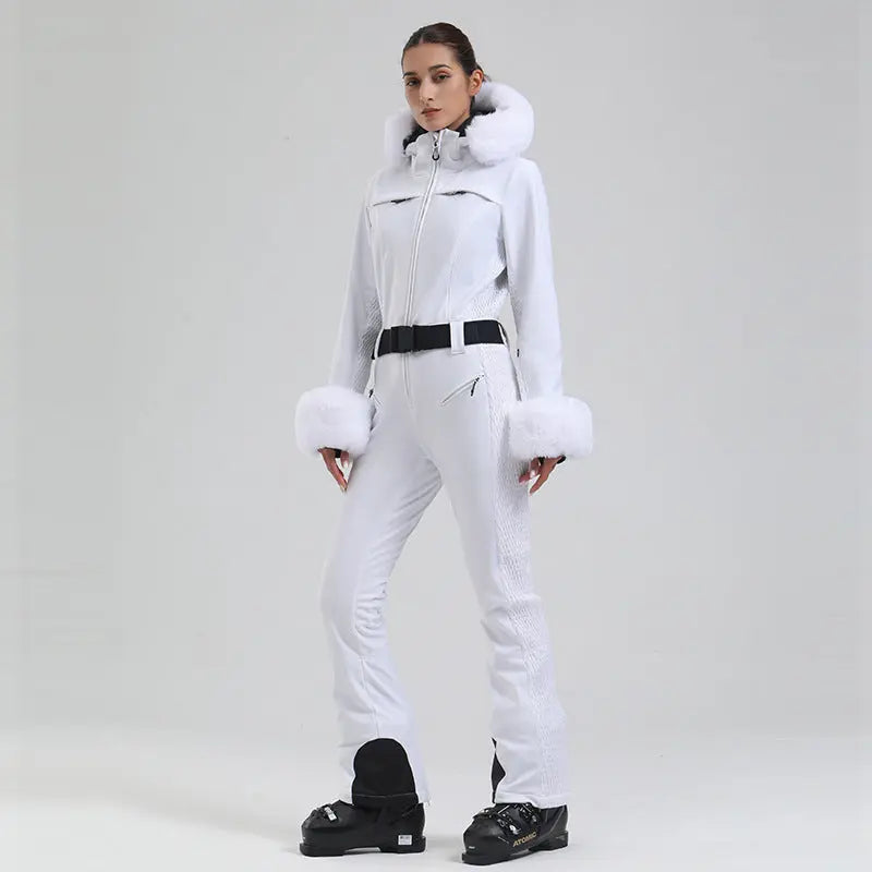 Slim Fit One Piece Ski Jumpsuit with Faux Fur Hood Chic Style