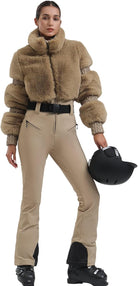 Women Ski Suit One Piece Snowsuit Snowboard Faux Fur Collar Slim Jumpsuit