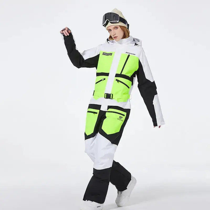 Women One Piece Ski Suit Patchwork Snowwear for Winter Sports