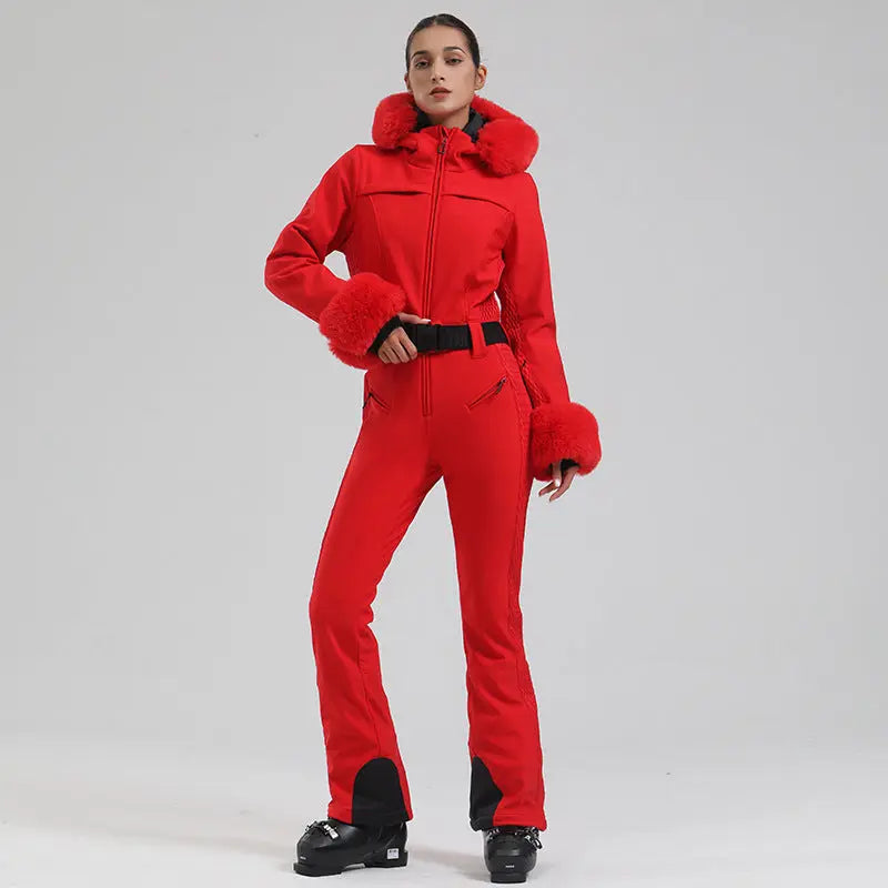 Slim Fit One Piece Ski Jumpsuit with Faux Fur Hood Chic Style