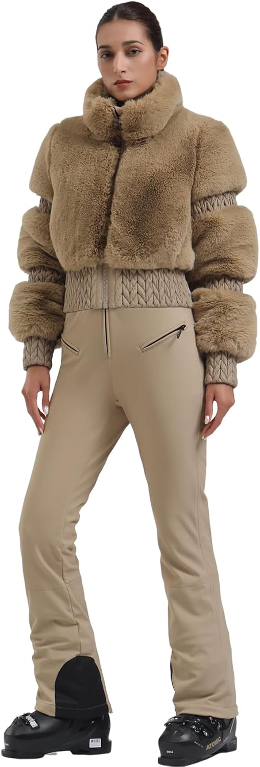Women Ski Jacket Faux Fur Snowboard Coat Snow Cropped Jacket Winter Outdoor