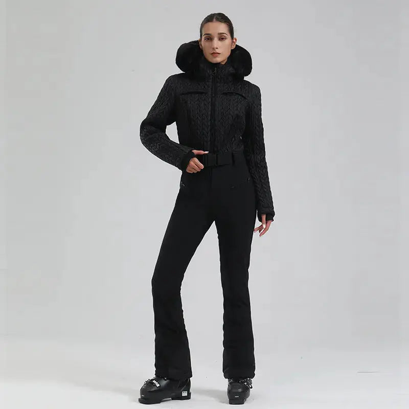 Women’s One-Piece Snowsuit Hooded Ski Wear with Fur Collar
