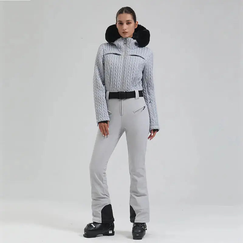 Women’s One-Piece Snowsuit Hooded Ski Wear with Fur Collar