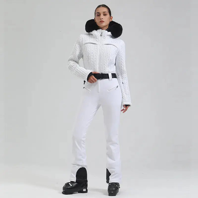 Women’s One-Piece Snowsuit Hooded Ski Wear with Fur Collar