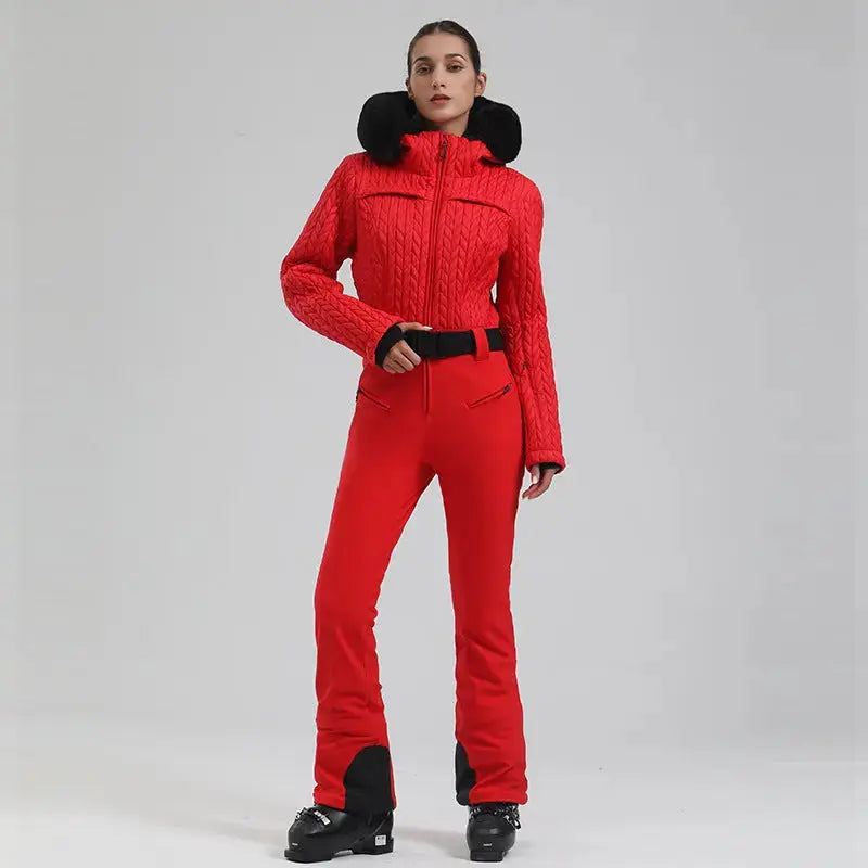 Women’s One-Piece Snowsuit Hooded Ski Wear with Fur Collar