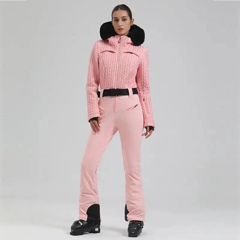 Women’s One-Piece Snowsuit Hooded Ski Wear with Fur Collar