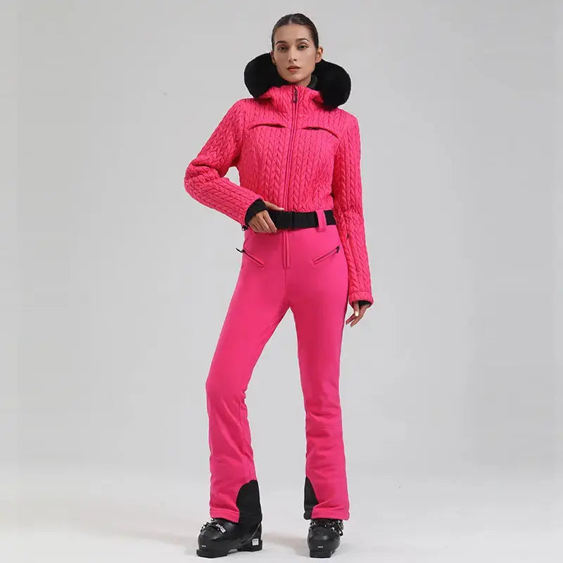 Women’s One-Piece Snowsuit Hooded Ski Wear with Fur Collar