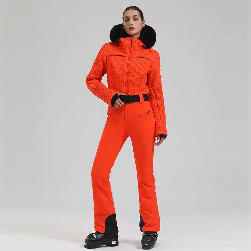 Women’s One-Piece Snowsuit Hooded Ski Wear with Fur Collar