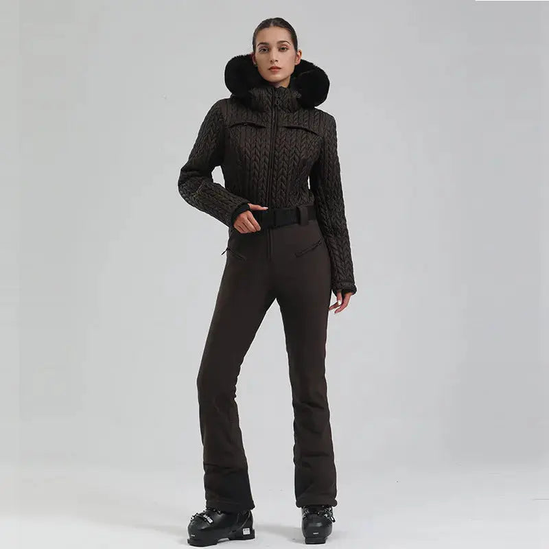 Women’s One-Piece Snowsuit Hooded Ski Wear with Fur Collar
