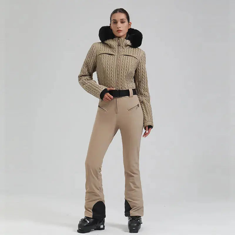 Women’s One-Piece Snowsuit Hooded Ski Wear with Fur Collar