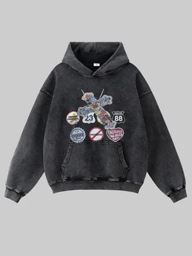 380g Badge Printed Wash Old Cotton Hoodie Emma Bridess