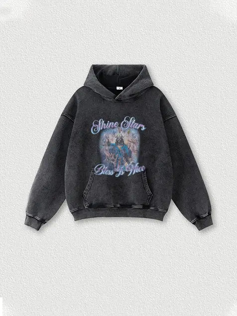 Shine Star God Bless Printed Wash Old Cotton Hoodie Emma Bridess