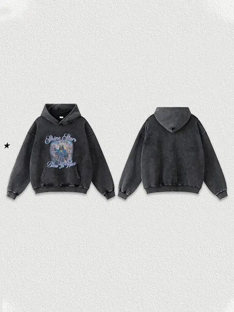 Shine Star God Bless Printed Wash Old Cotton Hoodie Emma Bridess
