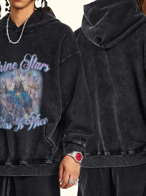 Shine Star God Bless Printed Wash Old Cotton Hoodie Emma Bridess