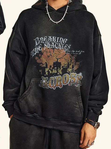 World Map Printed Wash Old Cotton Hoodie Emma Bridess