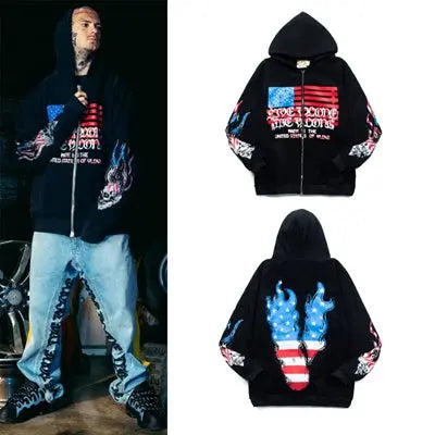 Flag Flame Zipper Cotton Hoodie Emma Bridess