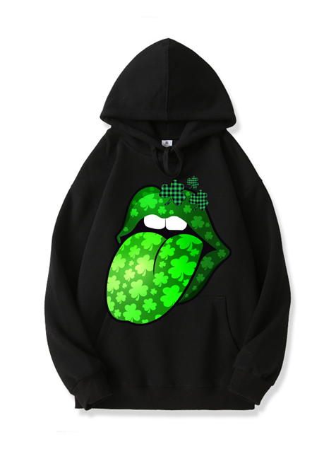 320g Four-leaf Clover Protruding Tongue Printed Cotton Hoodie for St. Patrick's Day Emma Bridess