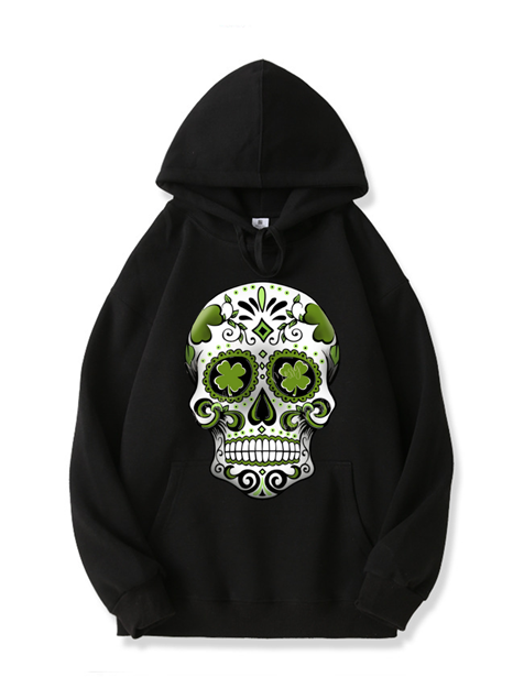 320g Four-leaf Clover Skull Printed Cotton Hoodie for St. Patrick's Day Emma Bridess