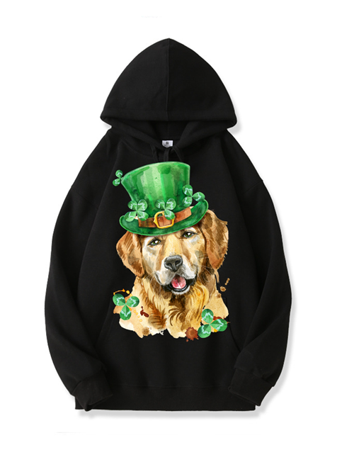 320g Golden Retriever Printed Cotton Hoodie for St. Patrick's Day Emma Bridess