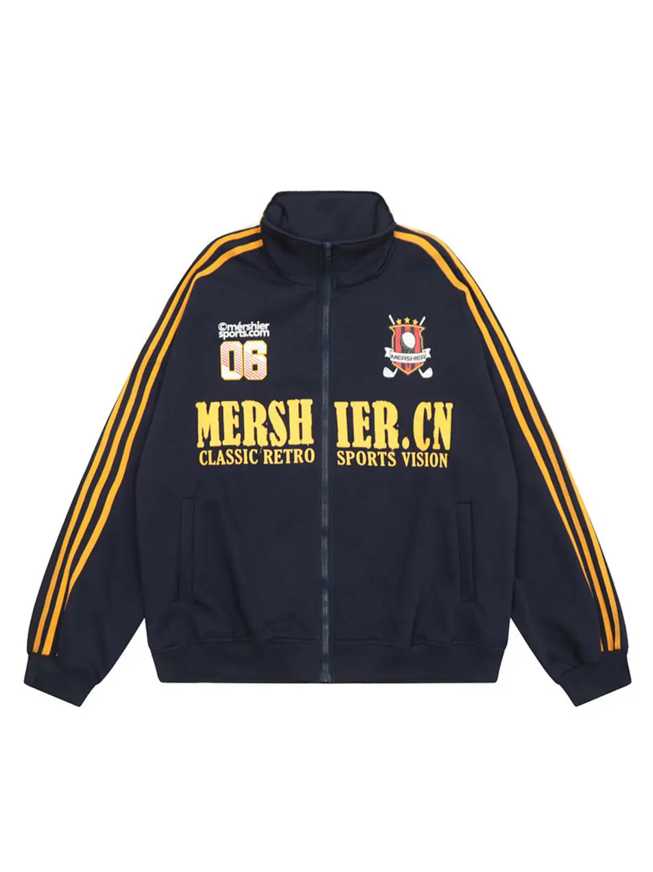 Vintage Strip Letter Zippered Standing Collar Jacket for Men Emma Bridess