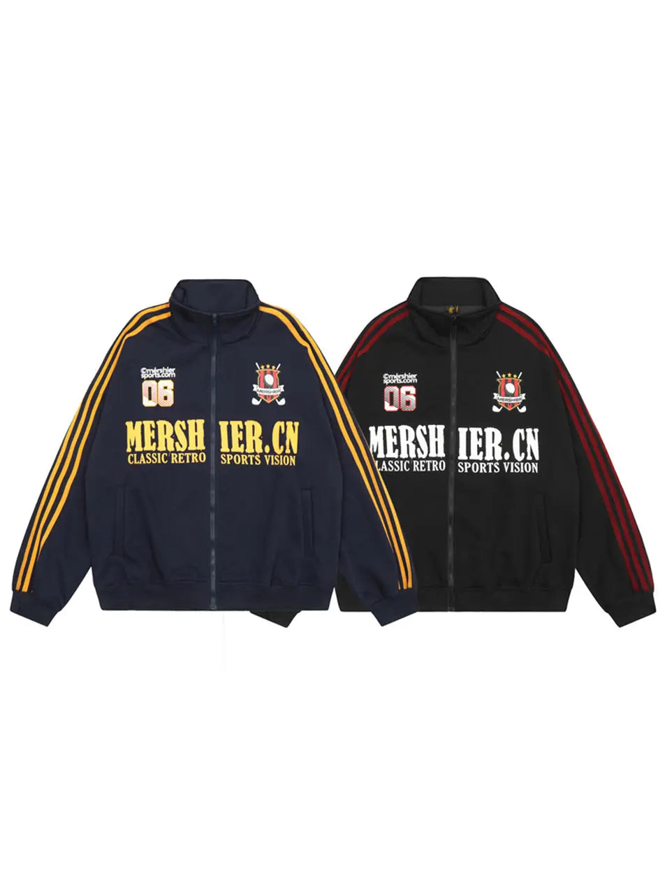 Vintage Strip Letter Zippered Standing Collar Jacket for Men Emma Bridess