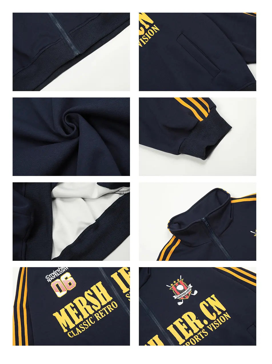 Vintage Strip Letter Zippered Standing Collar Jacket for Men Emma Bridess