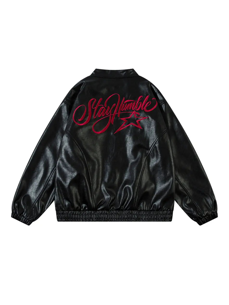 Vintage Letter Printed Zipper Faux Leather Jacket for Men Emma Bridess