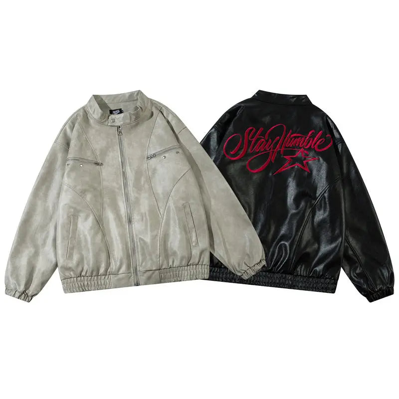 Vintage Letter Printed Zipper Faux Leather Jacket for Men Emma Bridess