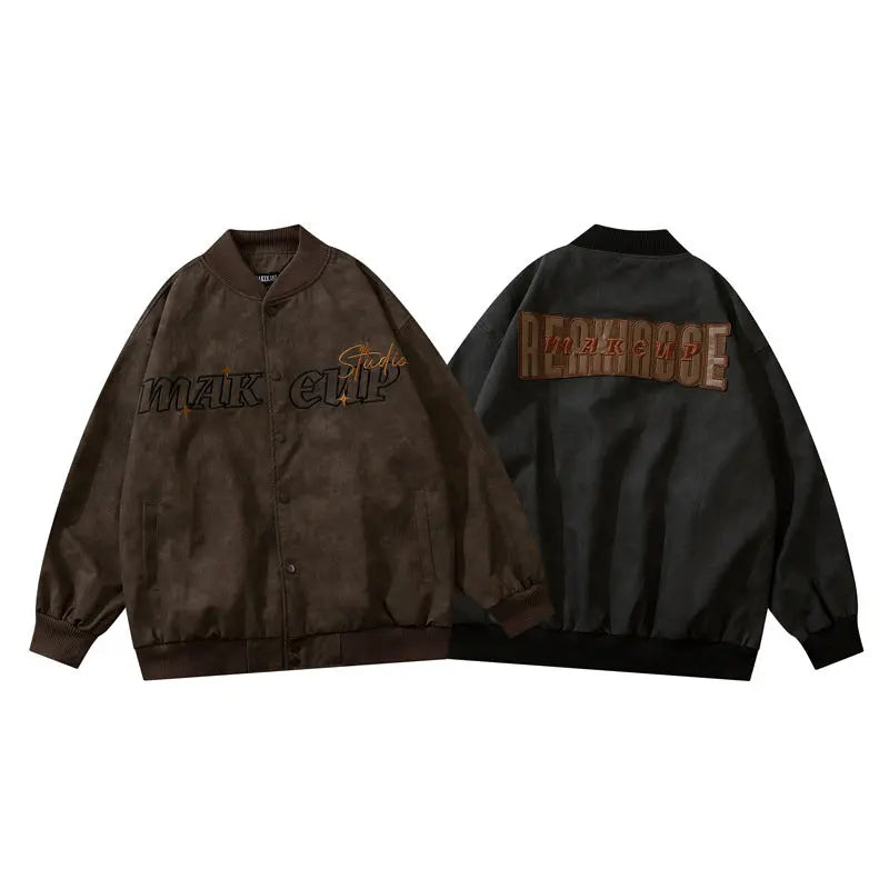 Embroidered Retro Distressed PU Bomber Jacket for Men Emma Bridess