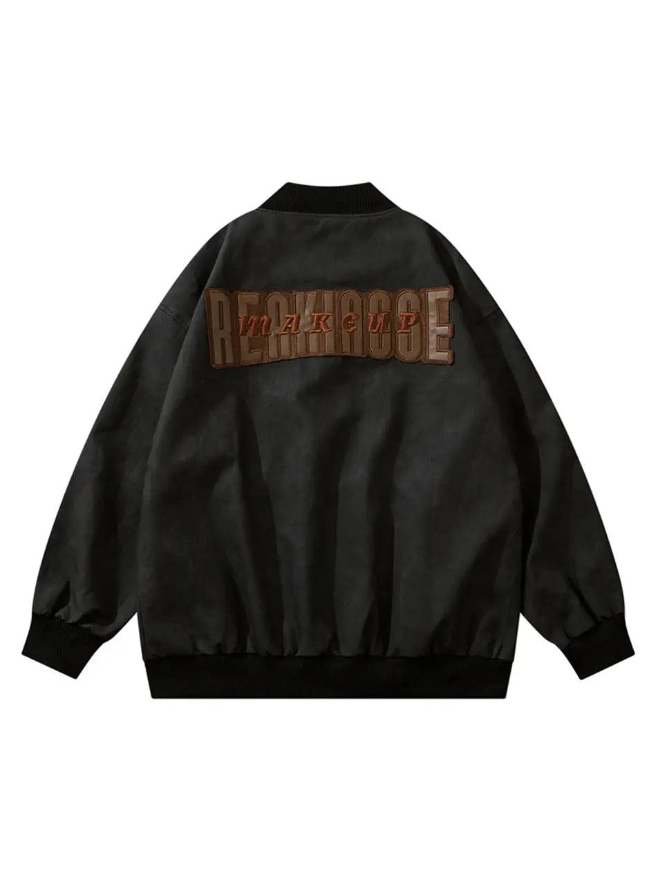 Embroidered Retro Distressed PU Bomber Jacket for Men Emma Bridess