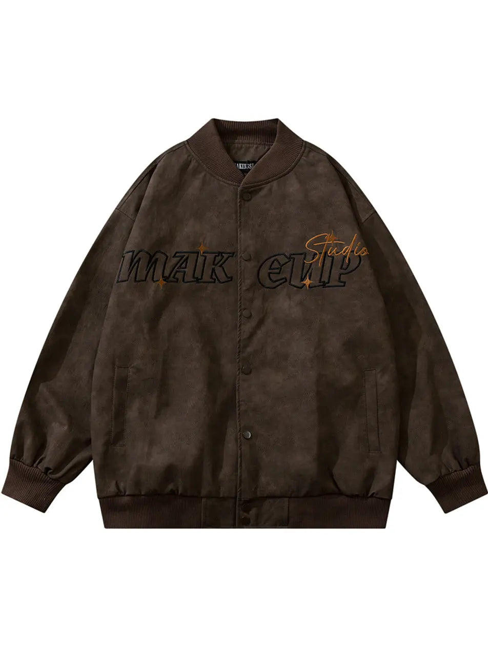 Embroidered Retro Distressed PU Bomber Jacket for Men Emma Bridess