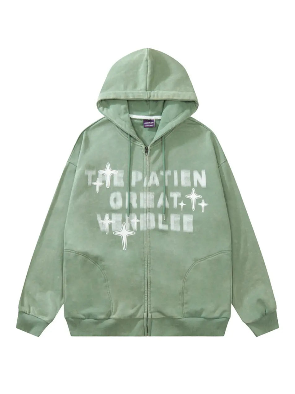 Vintage Star Print Front Zipper Hooded Sweatshirt Sports Men Casual Streetwear Emma Bridess