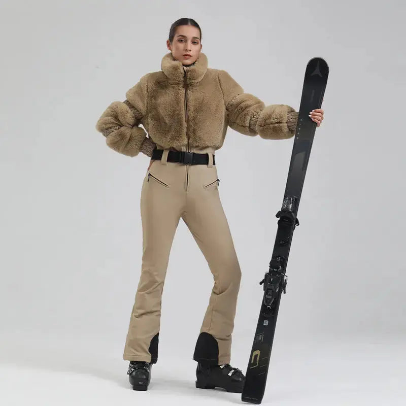 Ladies Tight One Piece Ski Jumpsuit High Pile Fleece Snowsuit