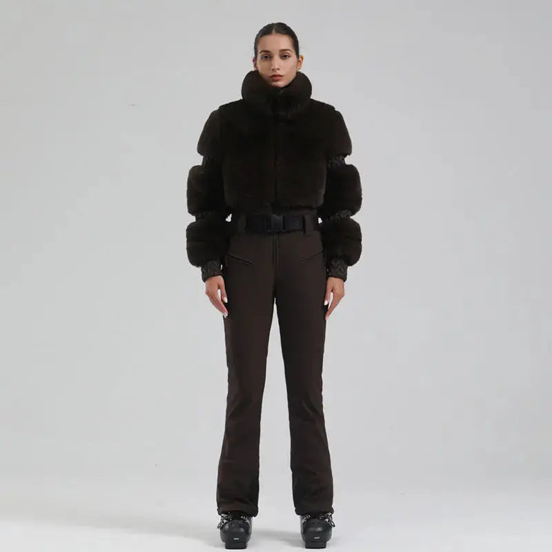 Ladies Tight One Piece Ski Jumpsuit High Pile Fleece Snowsuit