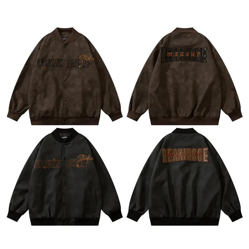 Embroidered Retro Distressed PU Bomber Jacket for Men Emma Bridess