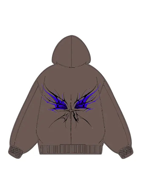 360g Back Blue Butterfly Printed Wash Old Cotton Hoodie Emma Bridess