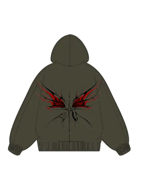 360g Back Red Butterfly Printed Wash Old Cotton Hoodie Emma Bridess