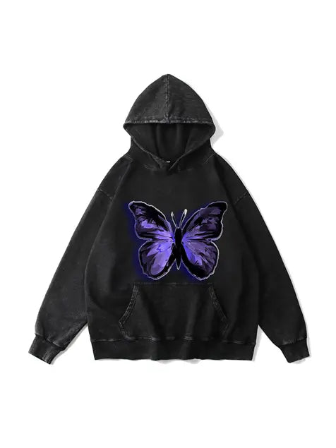 360g Butterflies Back Letter Printed Wash Old Cotton Hoodie Emma Bridess