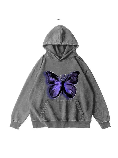 360g Butterflies Back Letter Printed Wash Old Cotton Hoodie Emma Bridess