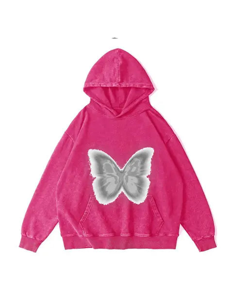 360g Silver Future Butterflies Printed Wash Old Cotton Hoodie Emma Bridess