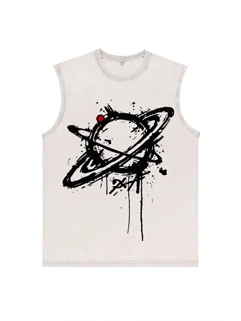 230g Cotton Saturn Printed Sleeveless Wash Old T-shirt Emma Bridess