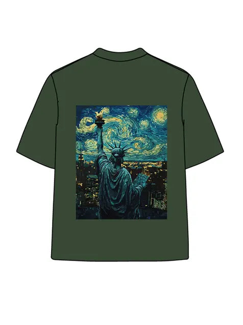 270g Cotton Statue of Liberty Starry Night Wash Old T-shirt Emma Bridess