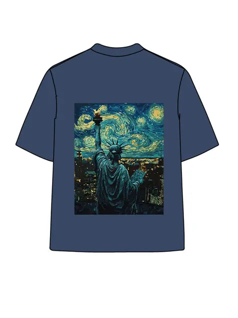 270g Cotton Statue of Liberty Starry Night Wash Old T-shirt Emma Bridess